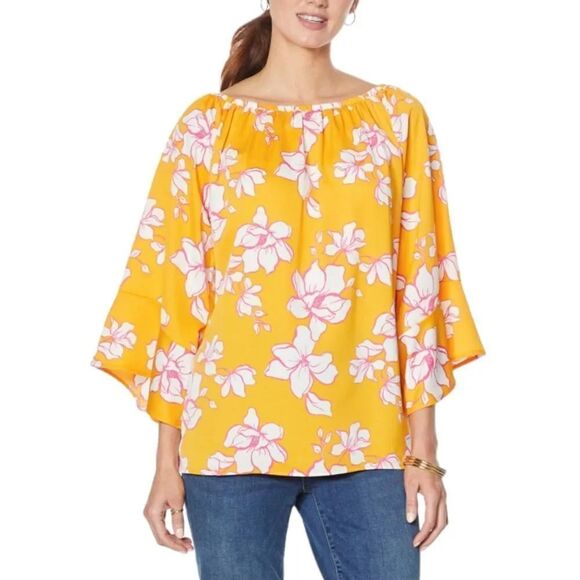 Colleen Lopez Off the Shoulder Flutter Sleeve Tropical Floral Tunic Top … - Picture 1 of 14